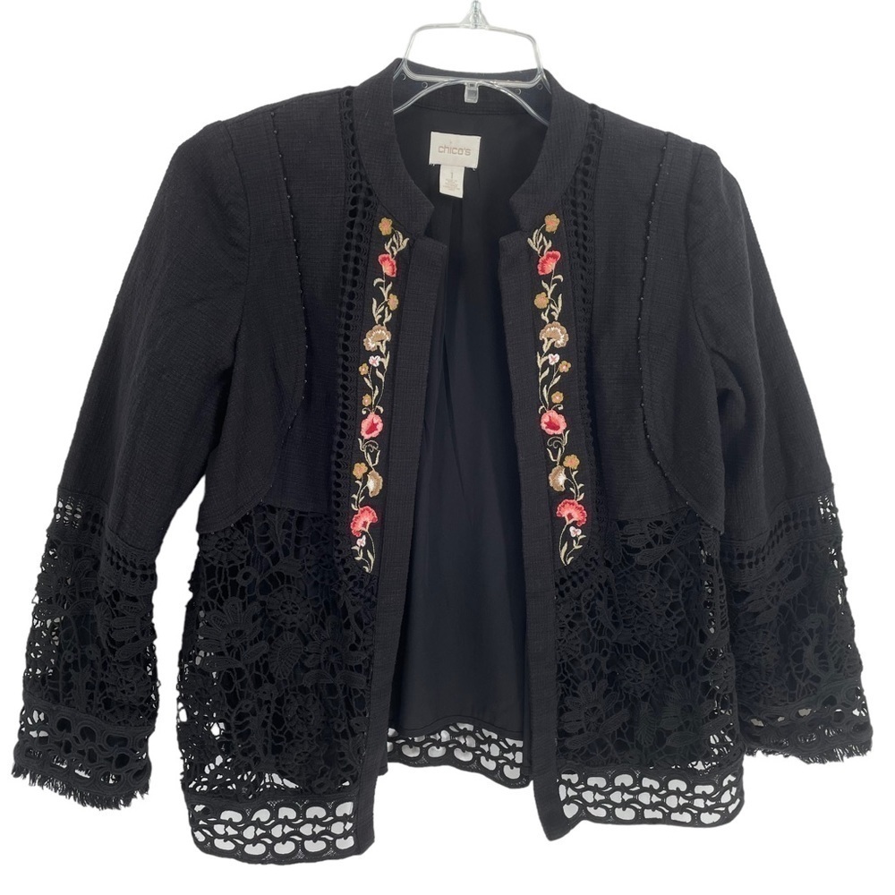 Chicos Embroidered Floral Crochet Lace Open Jacket - Chico's Sz 1 = US Sz M/8
